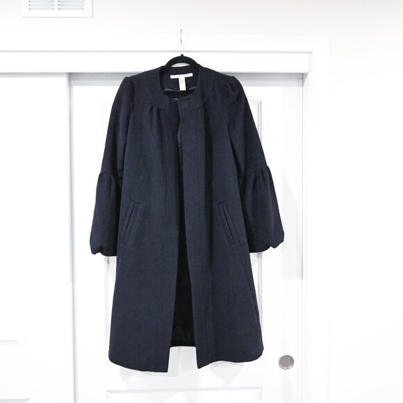 Diane von Furstenberg Size 6 Navy Wool Puff Sleve Midi Pea Coat - Picture 2 of 9